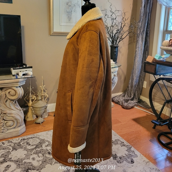 Guess Mens Double-Breasted Faux Shearling Long Coat Faux Suede Faux Fur #678 - Picture 9 of 16